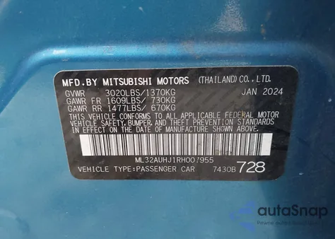 2024 Mitsubishi Mirage Es/Le z USA, uszkodzony, nr VIN ML32AUHJ1RH007955